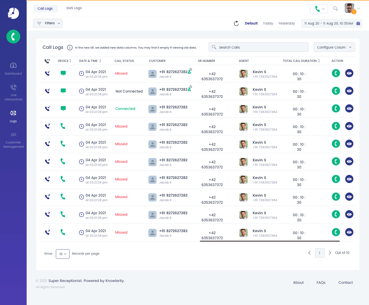 Knowlarity Super receptionist call history dashboard