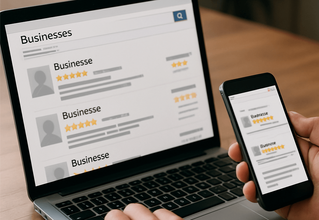 A person researching businesses online — laptop, phone, reviews open