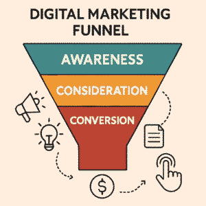 Digital marketing funnel stages for awareness, consideration, and conversion